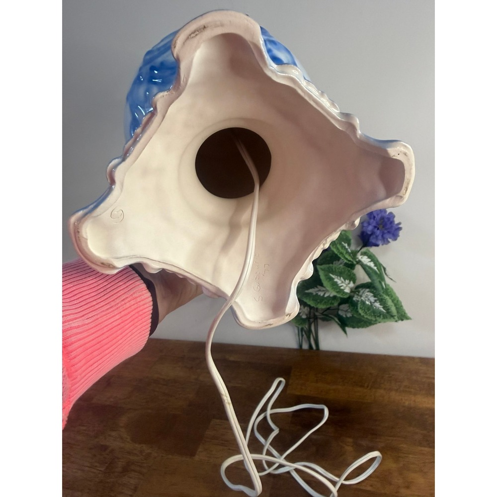 Vintage Blue Milk Glass Table Lamp Hand Painted Floral Hurricane Shade 3 Way - Picture 11 of 15